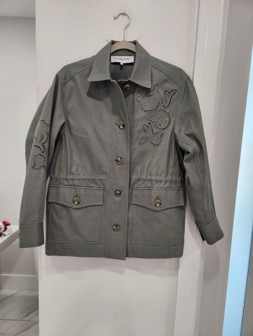 Gerard Darel Punto Olive Utility Jacket with Floral Cutwork